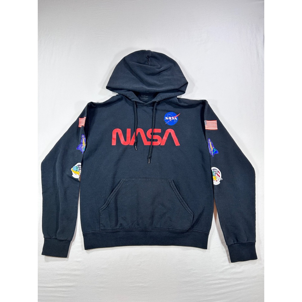 Artist Union NASA Graphic Hoodie Black Worm Logo Space Patches Mens Small
